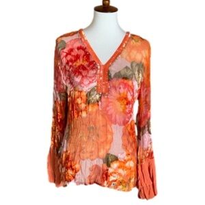Alberto Makali sheer silk blend blouse with orange bead trim Size Medium